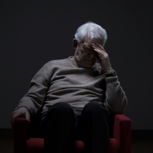 Elderly man, seated, with head in hand