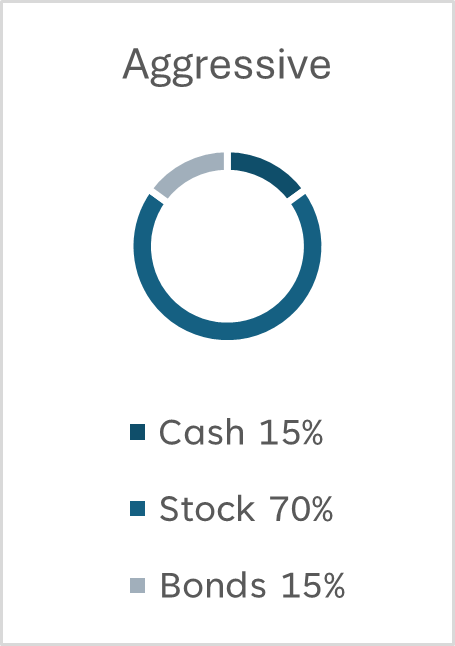 Aggressive portfolio chart made up of 15% cash, 70% stocks and 15% bonds.