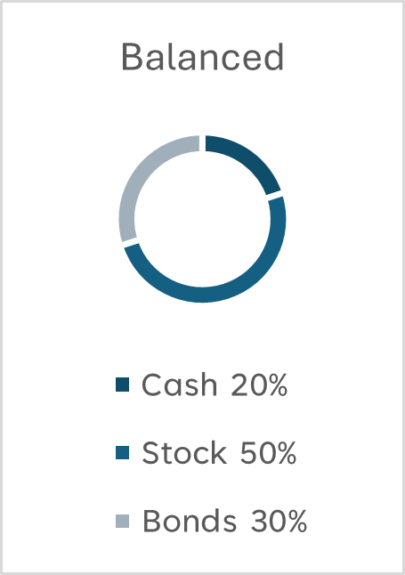 Balanced portfolio chart made up of 20% cash, 50% stocks and 30% bonds.