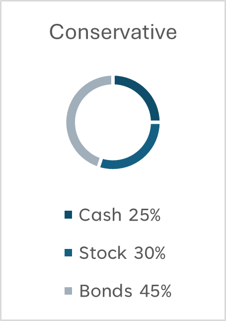 Conservative portfolio chart made up of 25% cash, 30% stocks and 45% bonds.