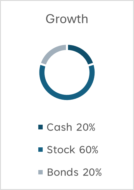 Growth portfolio chart made up of 20% cash, 60% stocks and 20% bonds.